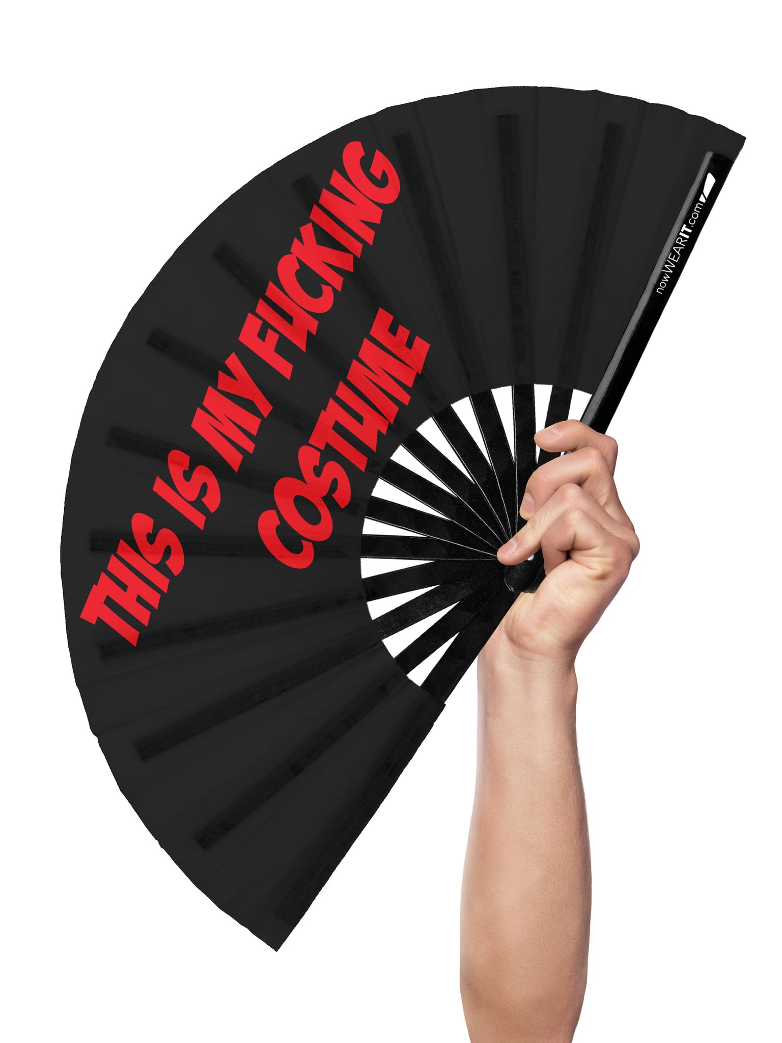 A hand-held, printed clack fan shown against a neutral background with text that says "This is my fucking costume"