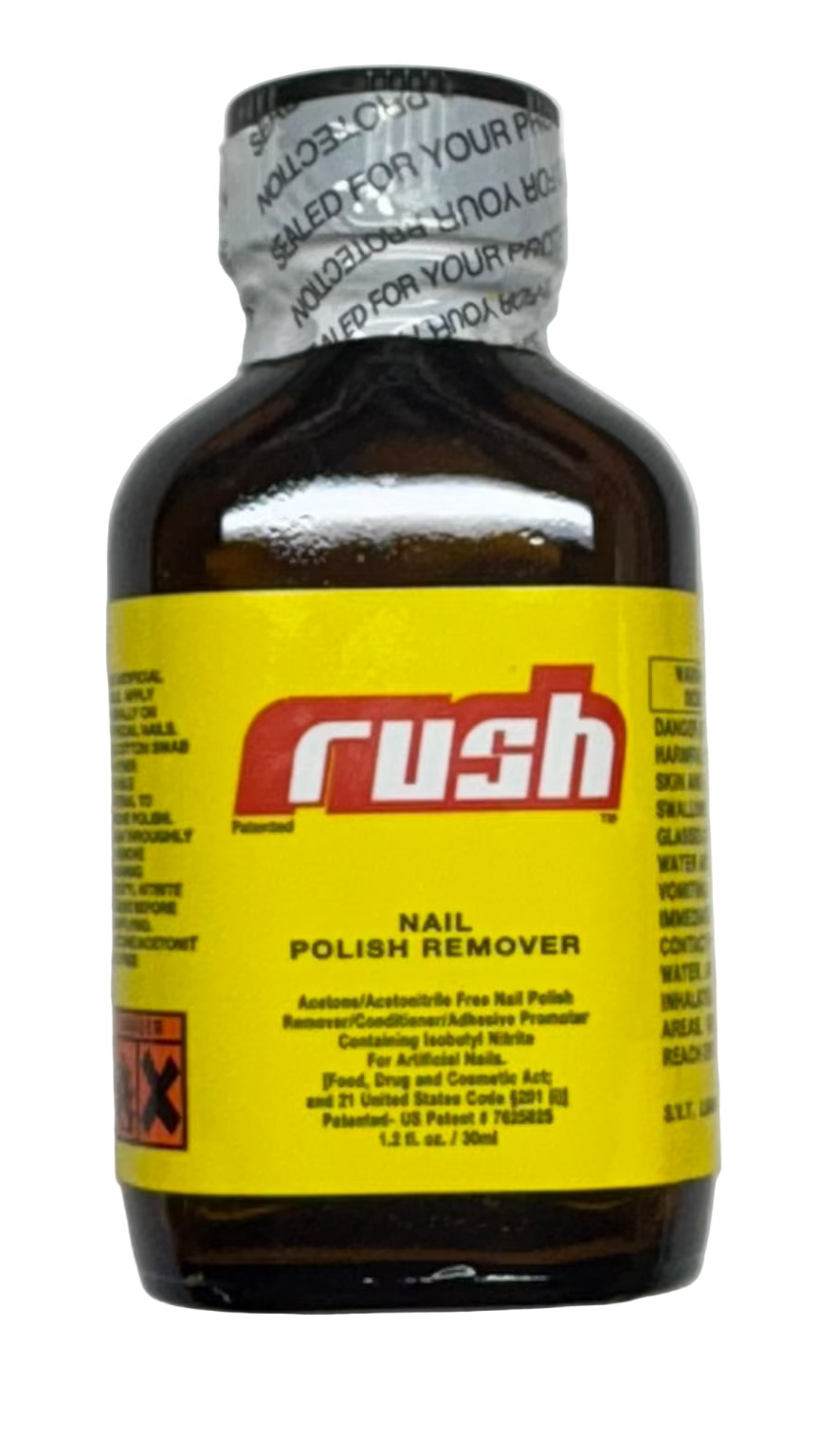 Bottle of Rush nail polish remover on a white background