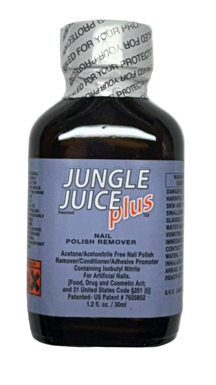 Bottle of Jungle Juice Plus nail polish remover on a white background