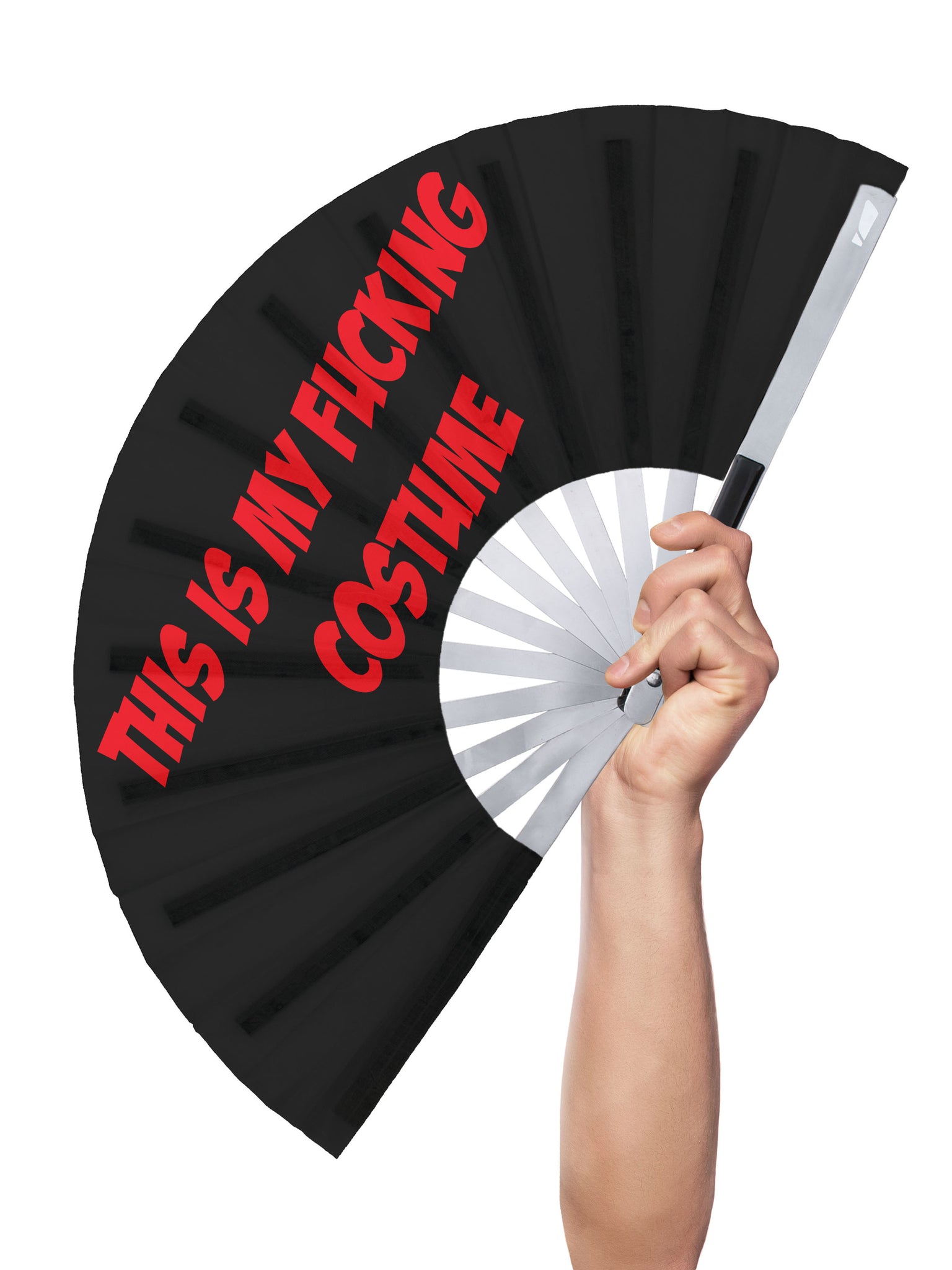 A hand-held, printed clack fan shown against a neutral background with text that says "This is my fucking costume"