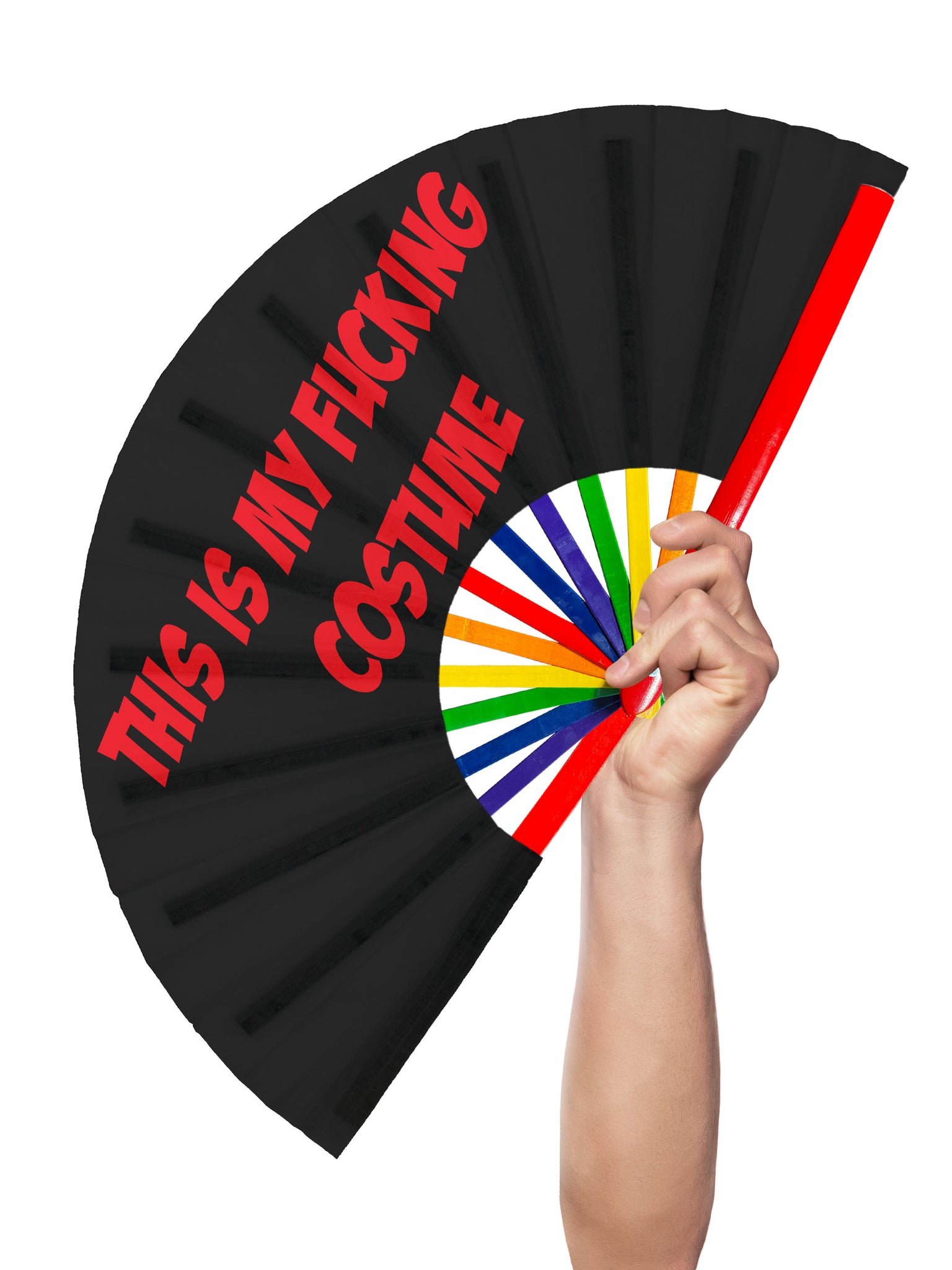 A hand-held, printed clack fan shown against a neutral background with text that says "This is my fucking costume" with Rainbow bamboo staves.
