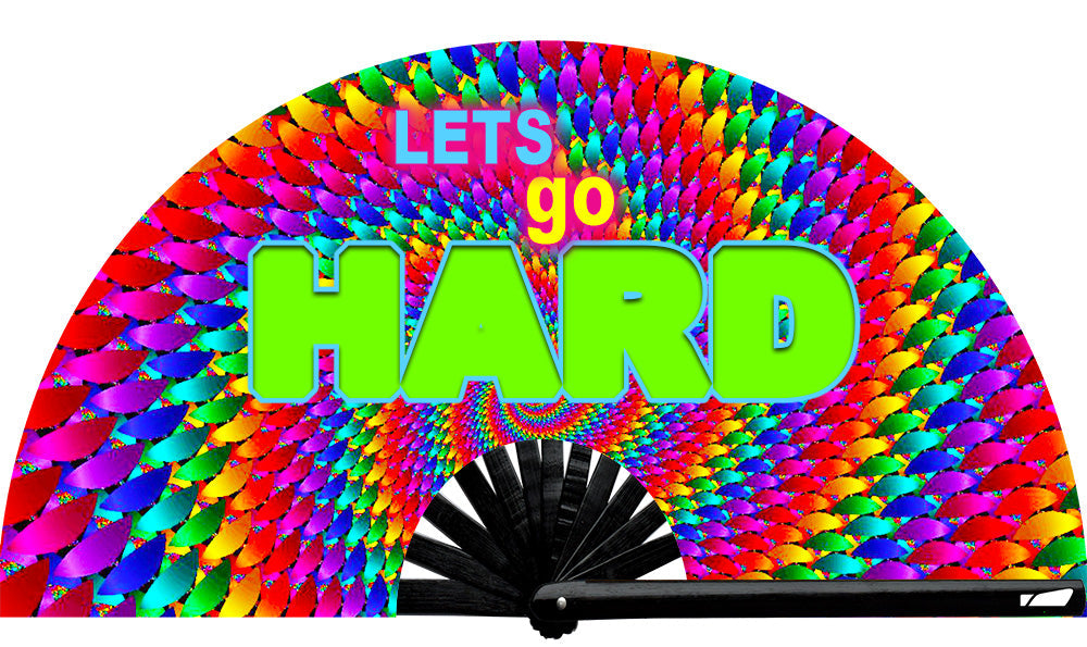 Rave Neon Let's Go Hard fan, from Yuppie Boy, by Wear It!  Blacklight / UV responsive!  Find your party accessories for your next rave, music festival, circuit party, or night out at the club at Wear It Apparel! The only place for custom hand fans, plastic fans, bamboo fans, and metal hand fans, neon parasols, and custom parasols and the only place for neon & blacklight fans and parasols. Clack that fan away. #NowWearIt #Clackthatfan