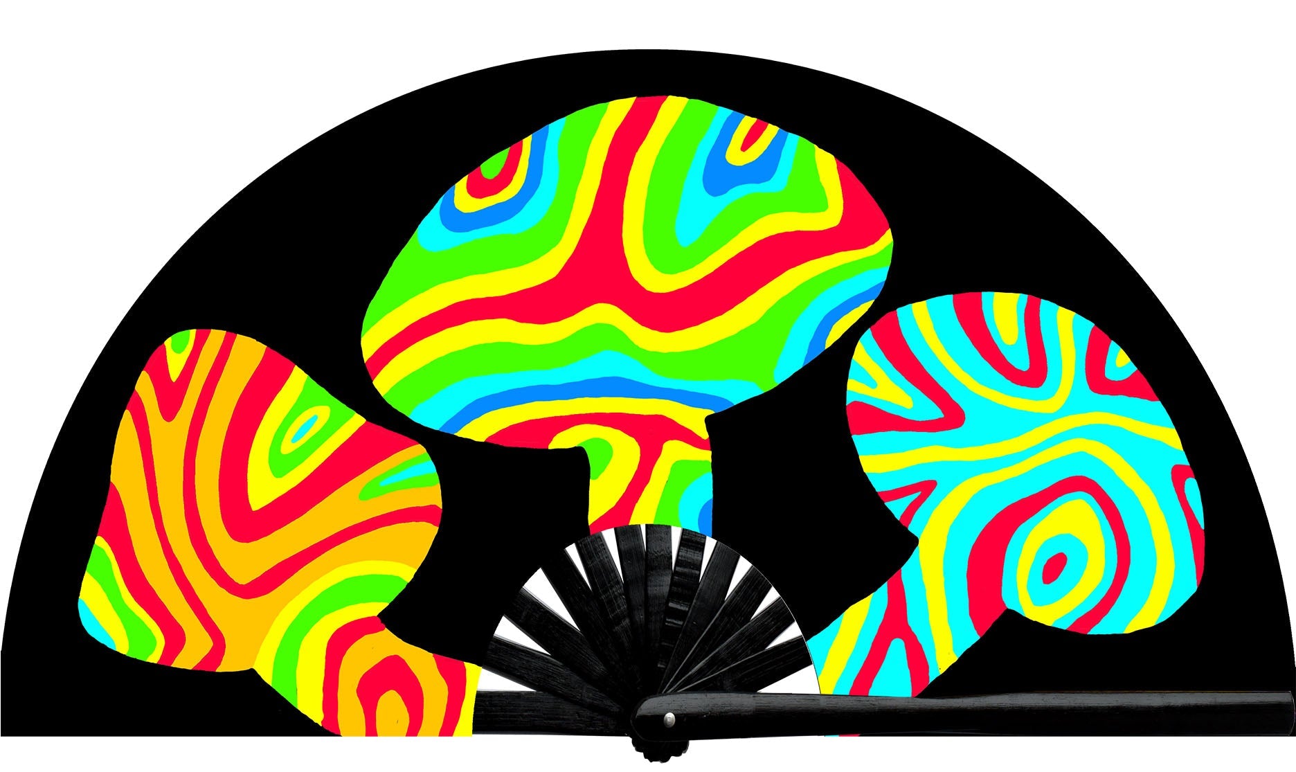 Rave Neon Magic Mushroom fan, from Suliman Nawid's Stained Canvas Collection, by Wear It!  Blacklight / UV responsive!  Find your party accessories for your next rave, music festival, circuit party, or night out at the club at Wear It Apparel! The only place for custom hand fans, plastic fans, bamboo fans, and metal hand fans, neon parasols, and custom parasols and the only place for neon & blacklight fans and parasols. Clack that fan away. #NowWearIt #Clackthatfan